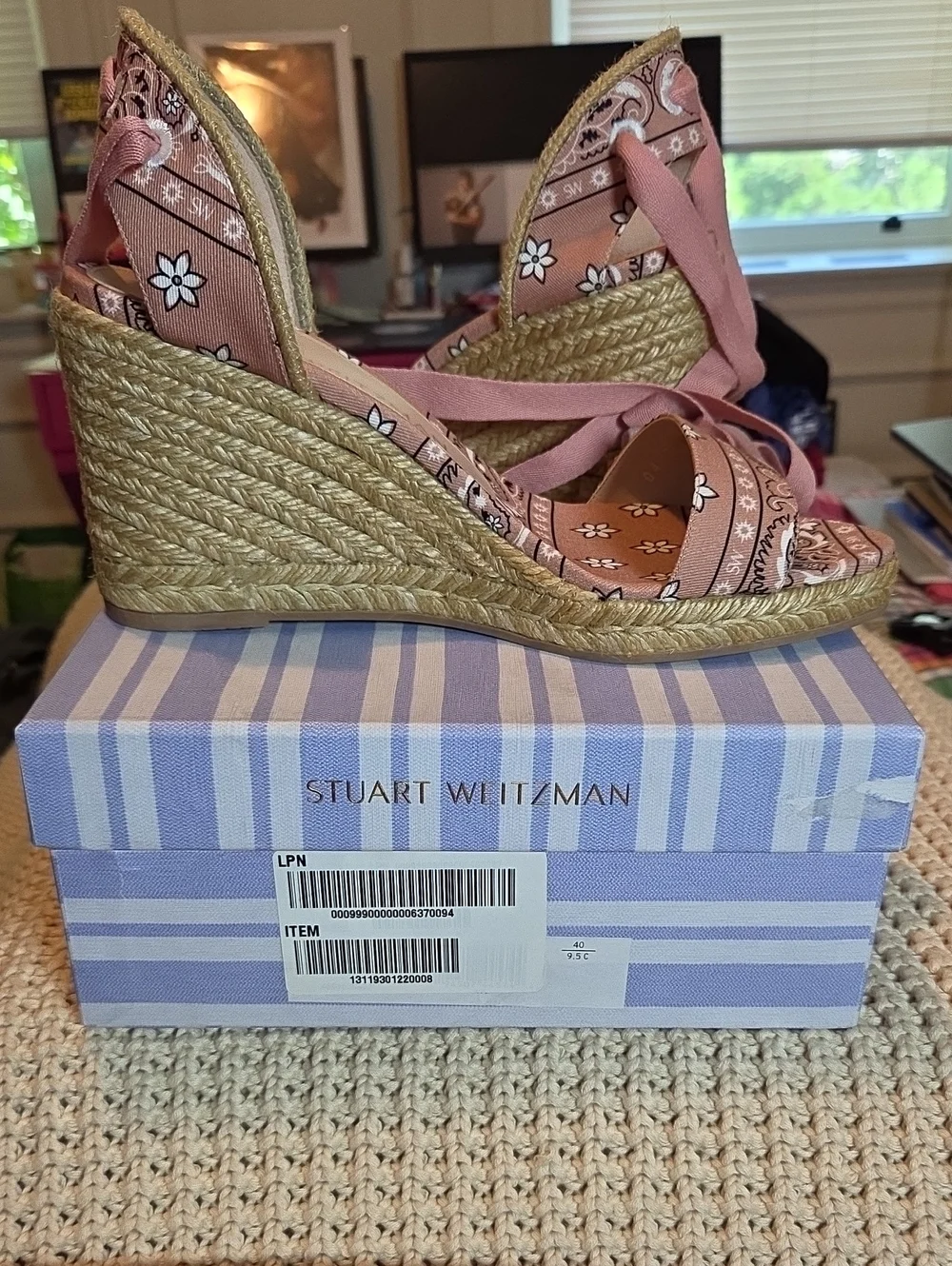 NIB Stuart Weitzman Illeana Bandana Print Espadrille Sandal Rose Pink Size 9.5
